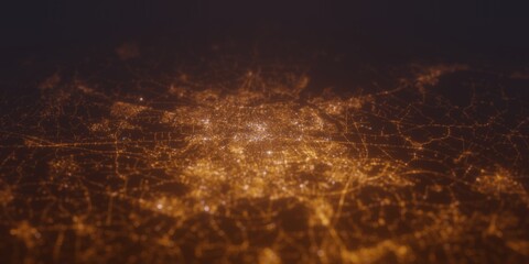 Street lights map of Odence (Denmark) with tilt-shift effect, view from south. Imitation of macro shot with blurred background. 3d render, selective focus