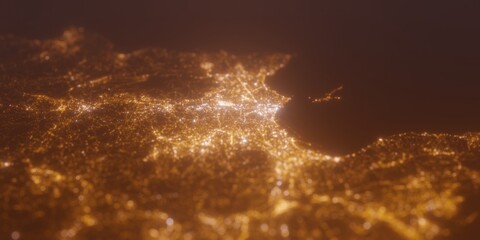 Street lights map of Marseille (France) with tilt-shift effect, view from north. Imitation of macro shot with blurred background. 3d render, selective focus