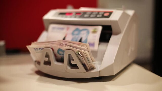 
machine counting the new argentine banknotes of 10000 pesos, symbol for Argentina's inflation
