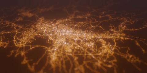 Street lights map of Skopje (North Macedonia) with tilt-shift effect, view from north. Imitation of macro shot with blurred background. 3d render, selective focus