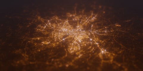 Street lights map of Wroclaw (Poland) with tilt-shift effect, view from east. Imitation of macro shot with blurred background. 3d render, selective focus