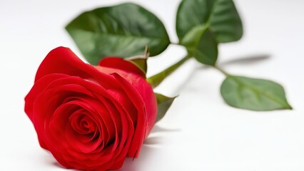 red rose with green leaves laying on a white table cloth next to a ring