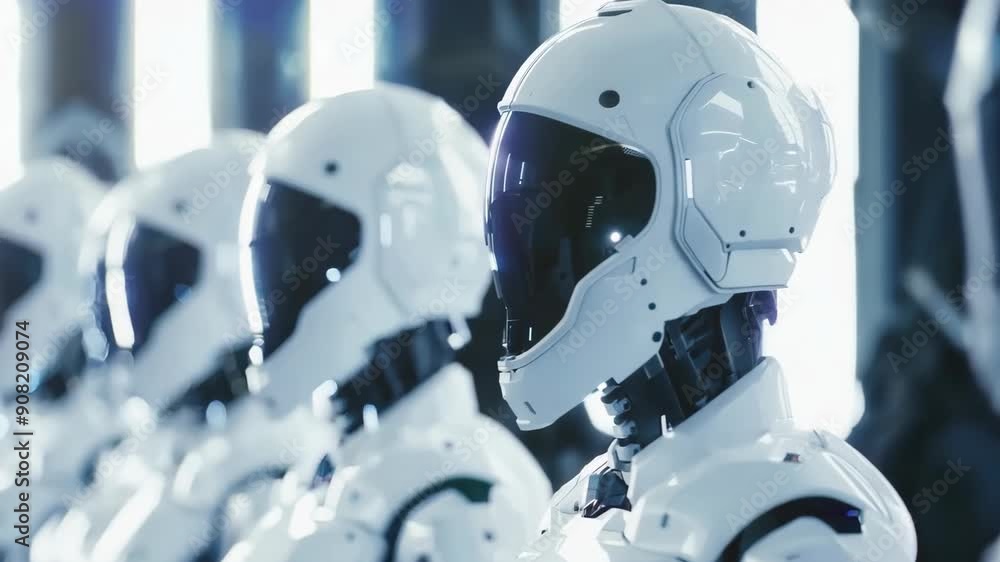 Poster rows of robots in manufacturing. future ai technology, artificial intelligence concept. mass product
