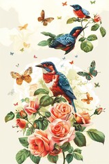 Obraz premium A rose bush on which an exotic bird sits and butterflies fly around. Vector image.