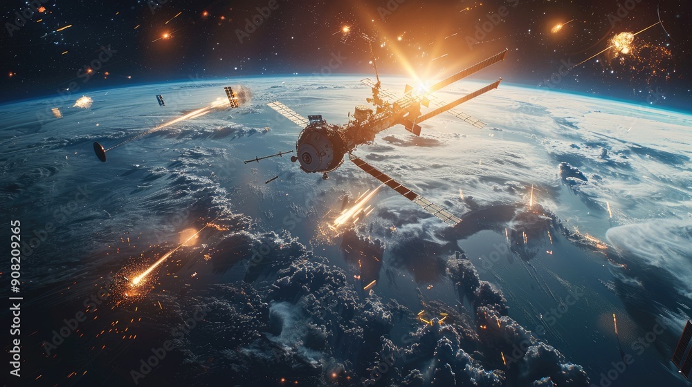 Poster International space station disintegrating in Earth atmosphere. Generative AI.