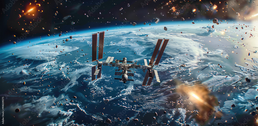 Poster international space station disintegrating in earth atmosphere. generative ai.