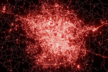 Street map of Hyderabad (India) made with red illumination and glow effect. Top view on roads network. 3d render, illustration