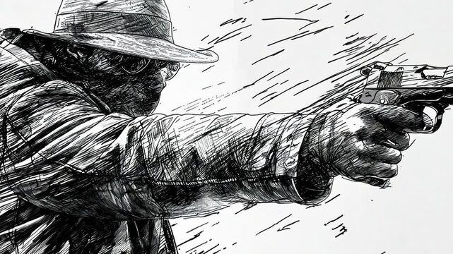 Animated drawing of a gangster with a gun