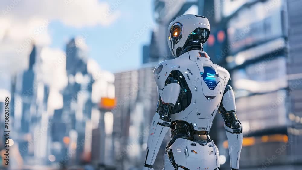 Poster futuristic robot standing in front of future city. future ai technology, artificial intelligence con