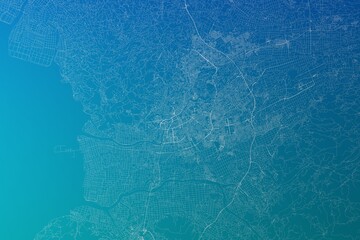 Map of the streets of Kumamoto (Japan) made with white lines on greenish blue gradient background. 3d render, illustration