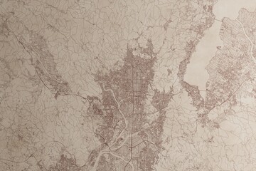 Map of Kyoto (Japan) on an old vintage sheet of paper. Retro style grunge paper with light coming from right. 3d render