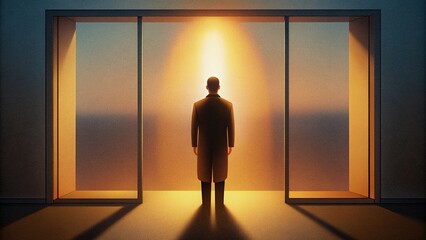 Fototapeta premium A Man Standing in a Doorway, Backlit by Golden Light