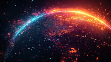 Obraz premium An abstract representation of a digital globe with illuminated networks and data points, glowing in vibrant hues of blue and orange.