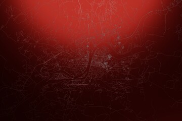Street map of Pyongyang (North Korea) engraved on red metal background. Light is coming from top. 3d render, illustration