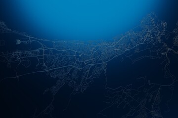 Street map of Mascat (Oman) engraved on blue metal background. View with light coming from top. 3d render, illustration