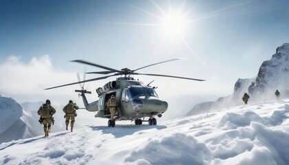 A group of soldiers stationed at the top of a snowy mountain, standing in formation amidst the freezing cold, as a military helicopter approaches to pick them up, its rotors kicking up snow into the a