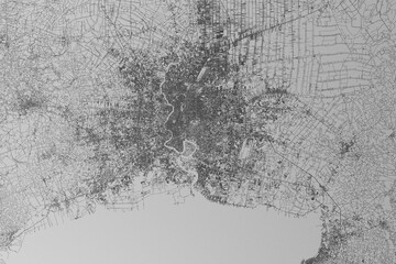 Map of the streets of Bangkok (Thailand) made with black lines on grey paper. Top view. 3d render, illustration