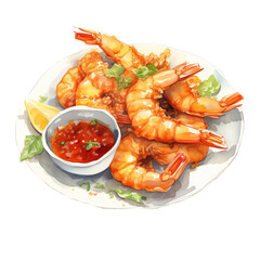 Watercolor Deep Fried Shrimp on a Plate with Red Salsa Dipping Sauce