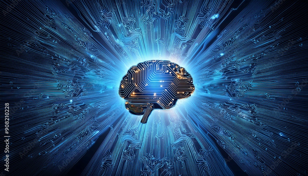 Poster intricate circuit board with illuminated brain symbol representing artificial intelligence technolog