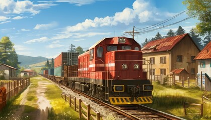 Fototapeta premium Freight train moving on the railway. Locomotive for transporting goods in wagons.