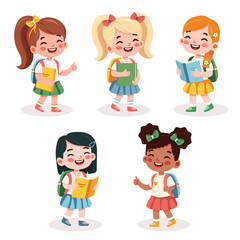 Set of cute international different girls with backpack and books on white background. Back to school concept. Vector illustration in flat cartoon style