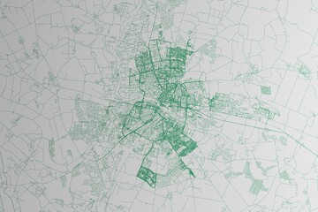 Map of the streets of Grodno (Belarus) made with green lines on white paper. 3d render, illustration