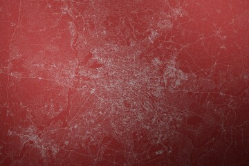Fototapeta premium Map of the streets of Berlin (Germany) made with white lines on abstract red background lit by two lights. Top view. 3d render, illustration