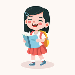 Cute girl with short black hair are happy with backpack and books. Back to school concept. Vector illustration in flat cartoon style