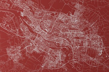 Map of the streets of Bremen (Germany) made with white lines on red background. Top view. 3d render, illustration