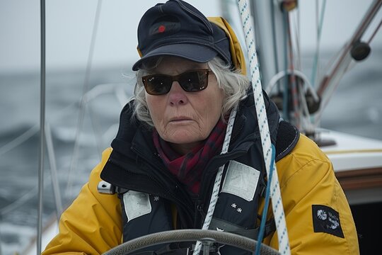 A senior woman in a yellow jacket and dark blue hat skillfully navigating a small sailboat on the choppy high seas under a cloudy sky, showcasing her sailing expertise and determination