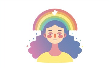 Serene Cartoon Woman with Rainbow Background | LGBTQ+ Pride Icon | Tranquil and Colorful Art

