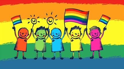 Joyful Cartoon Children Holding Rainbow Flags | LGBTQ+ Pride Celebration | Vibrant Pride Art
