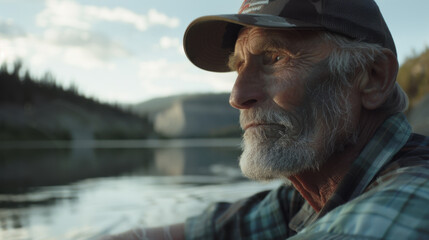 A close-up of a charismatic old white man in his seventies looking out at a calm lake surrounded by pristine nature.
