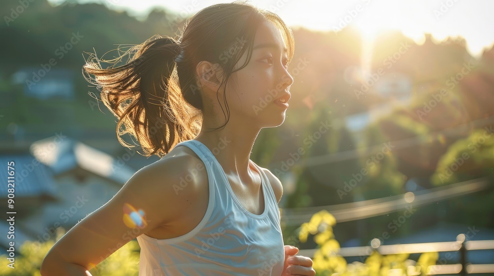 Sticker A Japanese young woman running, summer sunlight. Generative AI.