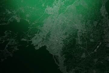 Street map of Athens (Greece) engraved on green metal background. Light is coming from top. 3d render, illustration