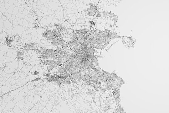 Map of the streets of Dublin (Ireland) on white background. 3d render, illustration