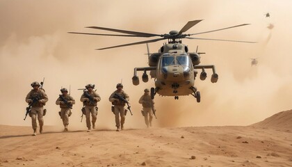 military helicopter arriving to pick up a group of special operations soldiers during a sandstorm in the Middle East.