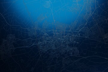 Street map of Breda (Netherlands) engraved on blue metal background. View with light coming from top. 3d render, illustration