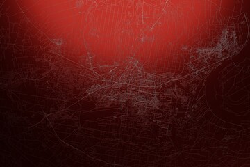 Street map of Bydgoszcz (Poland) engraved on red metal background. Light is coming from top. 3d render, illustration