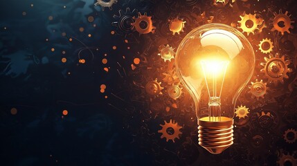 Glowing light bulb surrounded by cogwheel gears, illustrating innovation and creativity against a dark backdrop. Perfect for business themes.