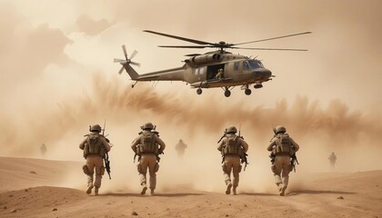 military helicopter arriving to pick up a group of special operations soldiers during a sandstorm in the Middle East.