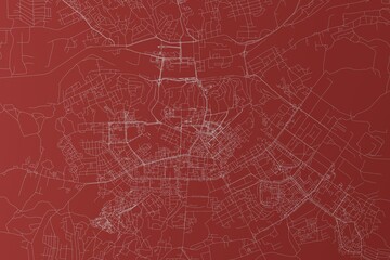Map of the streets of Smolensk (Russia) made with white lines on red background. Top view. 3d render, illustration