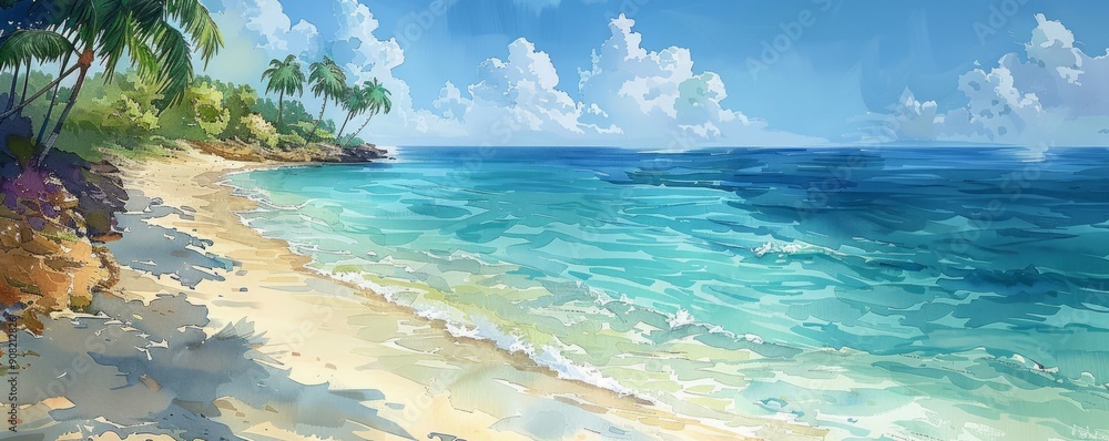 Wall mural Abstract tropical beach scene with clear waters in watercolor.