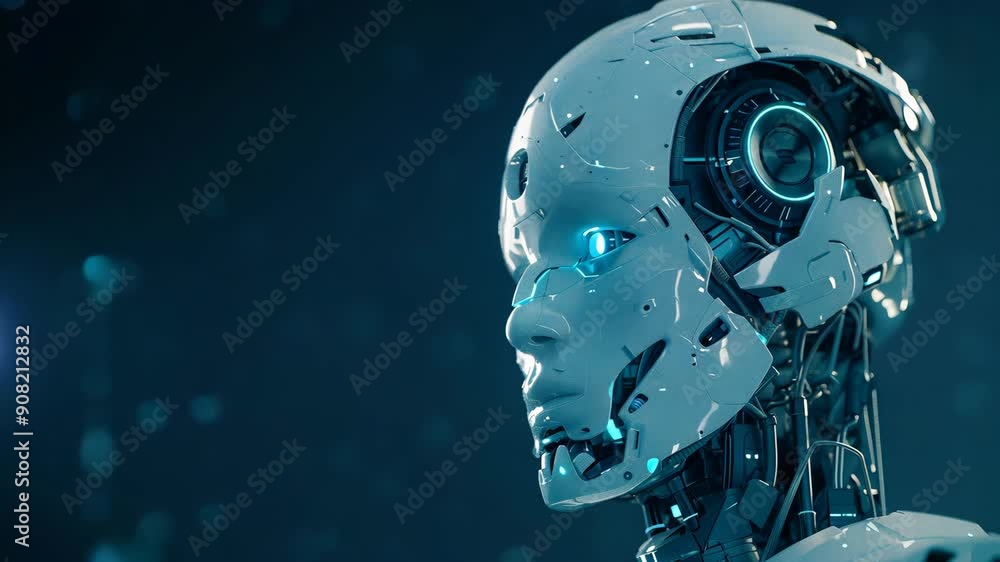 Poster Futuristic humanoid robot with abstract digital background. Future AI technology, Artificial intelligence concept. Robotics and cybernetic systems. 3D animation with copy space