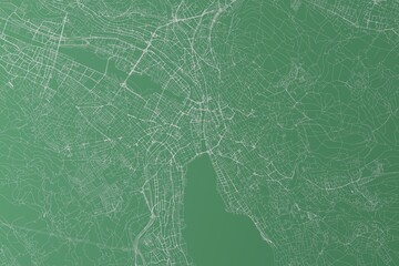 Stylized map of the streets of Zurich (Switzerland) made with white lines on green background. Top view. 3d render, illustration © Hairem