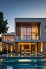 A modern villa exterior with a sleek and contemporary design with clean lines and large windows