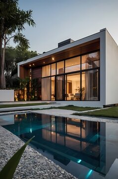 A modern villa exterior with a sleek and contemporary design with clean lines and large windows