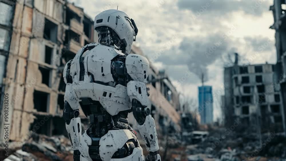 Poster futuristic robot standing in front of ruined abandoned city. future ai technology, artificial intell