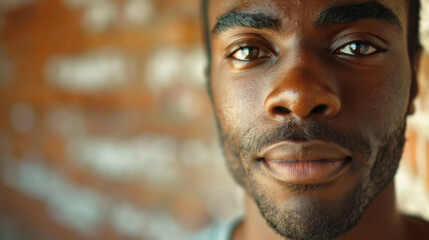 Fototapeta premium A portrait of a charismatic young Black man in a loft-style brick building, looking at the camera.