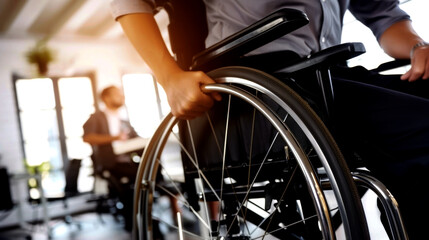Obraz premium Man with disabilities at work. Guy in wheelchair in office. Disability Employment Awareness Month. Employment, inclusion, Disability Rights, Inclusivity concept. World Disability day